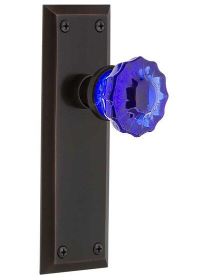 New York Door Set with Colored Fluted Crystal Glass Knobs Cobalt Blue in Timeless Bronze.
